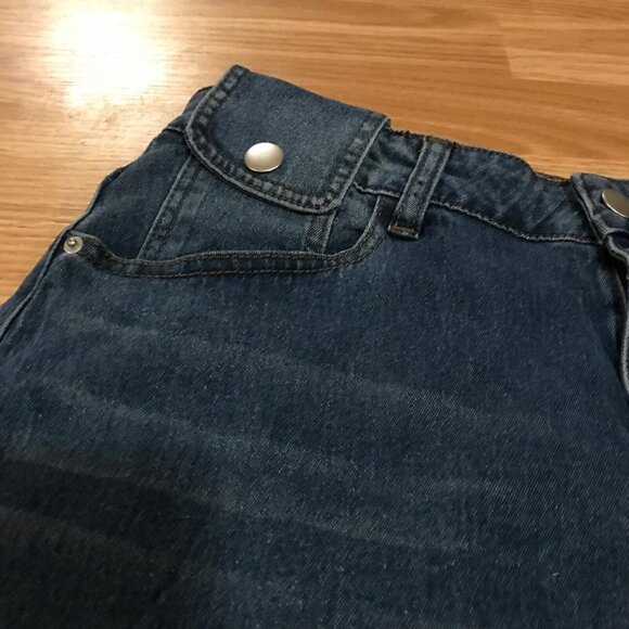 Allegra Denim Midi Skirt Size Large With Frayed Hem & Snap Button Detail - Picture 3 of 14